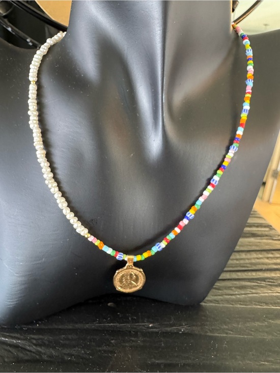 Jewelry - Gold Coin Pendant Multicolor Beaded Necklace with Pearls